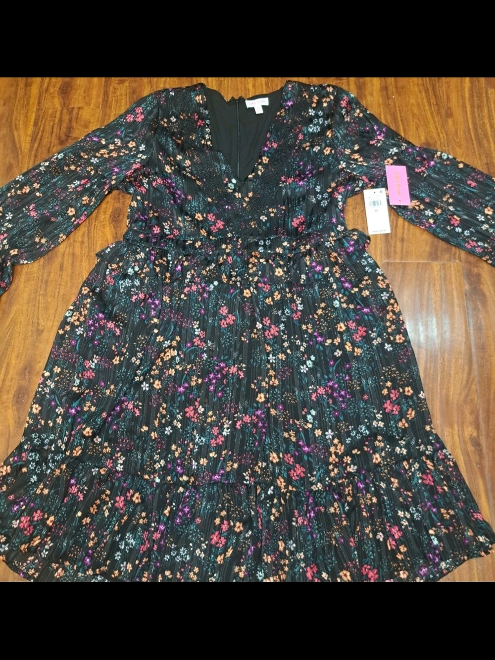 Riley & Rae Black Floral Long-Sleeve Tiered Baby Doll Dress Peasant Sz 10 NWT